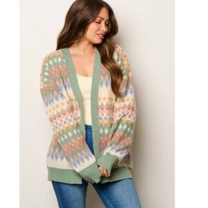 New The Brielle" Sage Diamond Print Open Front Cardigan